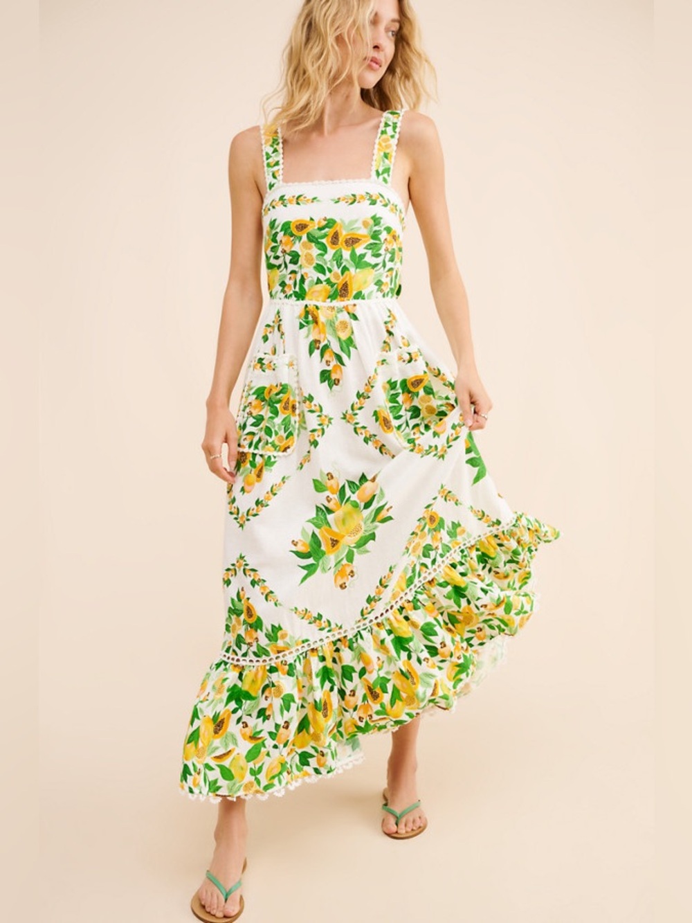 Farm Rio Linen Papaya Salad Scarf Maxi Dress White Yellow Green Small